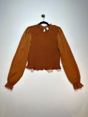 Autres Filles Smocked Blouse Rust Ruffle Neck Puff Sleeve Chiffon Size L